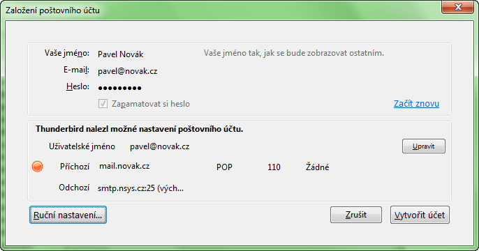 Vytvoření účtu - nastavení poštovního serveru
