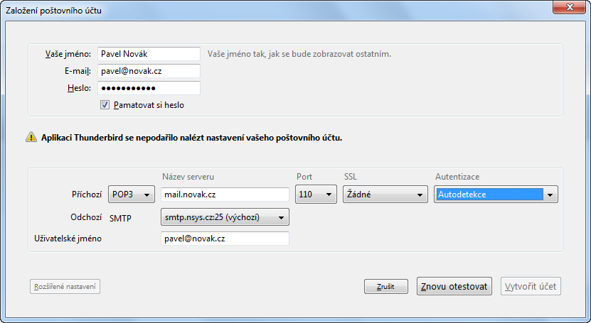 Vytvoření účtu - nastavení poštovního serveru