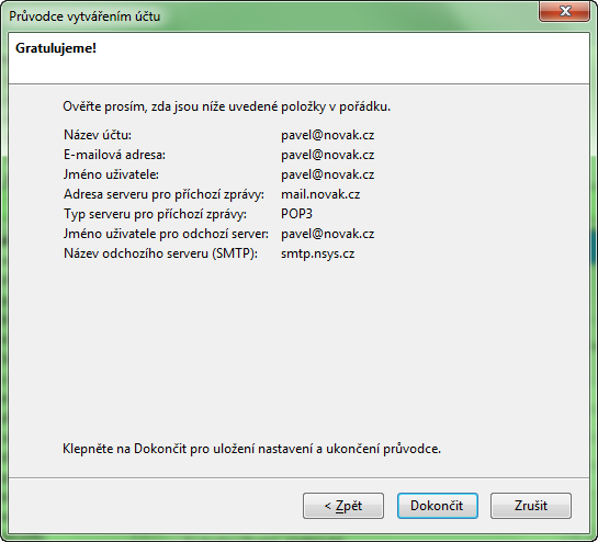 Vytvoření účtu - dokončení