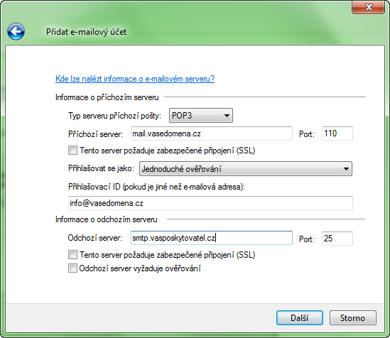Vytvoření účtu - nastavení poštovního serveru